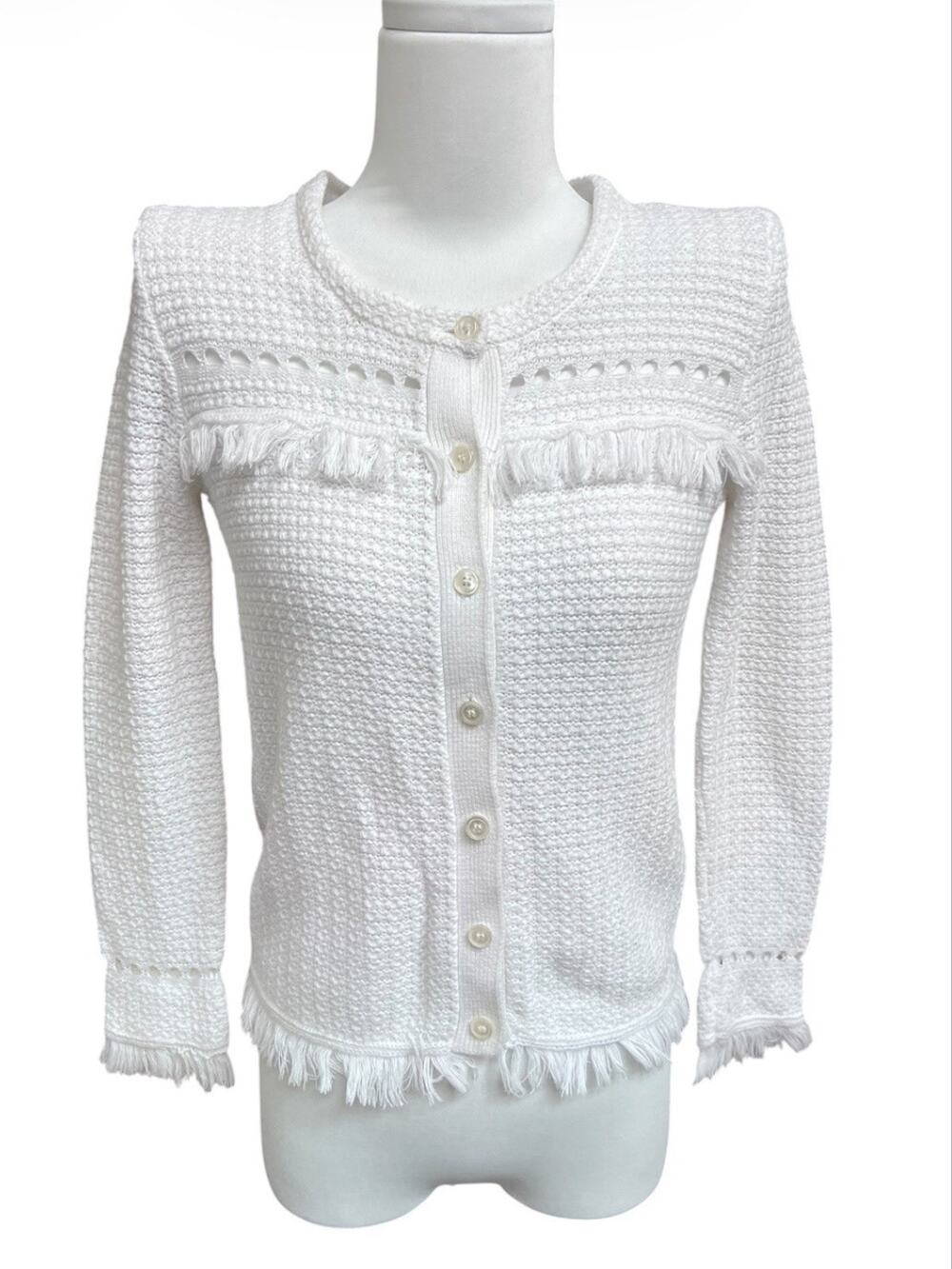 J. CREW Textured Knit Fringe Sweater Button Up Cardigan Preppy Sz XXS Off White